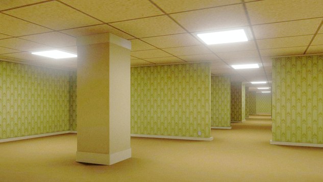 An empty yellow room with patterned wallpaper, a pillar and fluorescent ceiling panels.