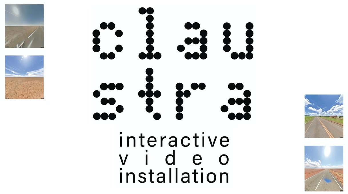 The Claustra logo in dotted lettering with the line “interactive video installation”, beside road photographs.